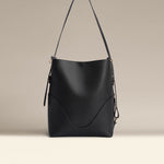 OLEADA NYC Bucket Bag > Leather Tote Bag For Women > Large Capacity Handbag > Convertible To Shoulder Bag > stylish 14 inch laptop bag Color_Onyx Marina Soft Bucket Leather