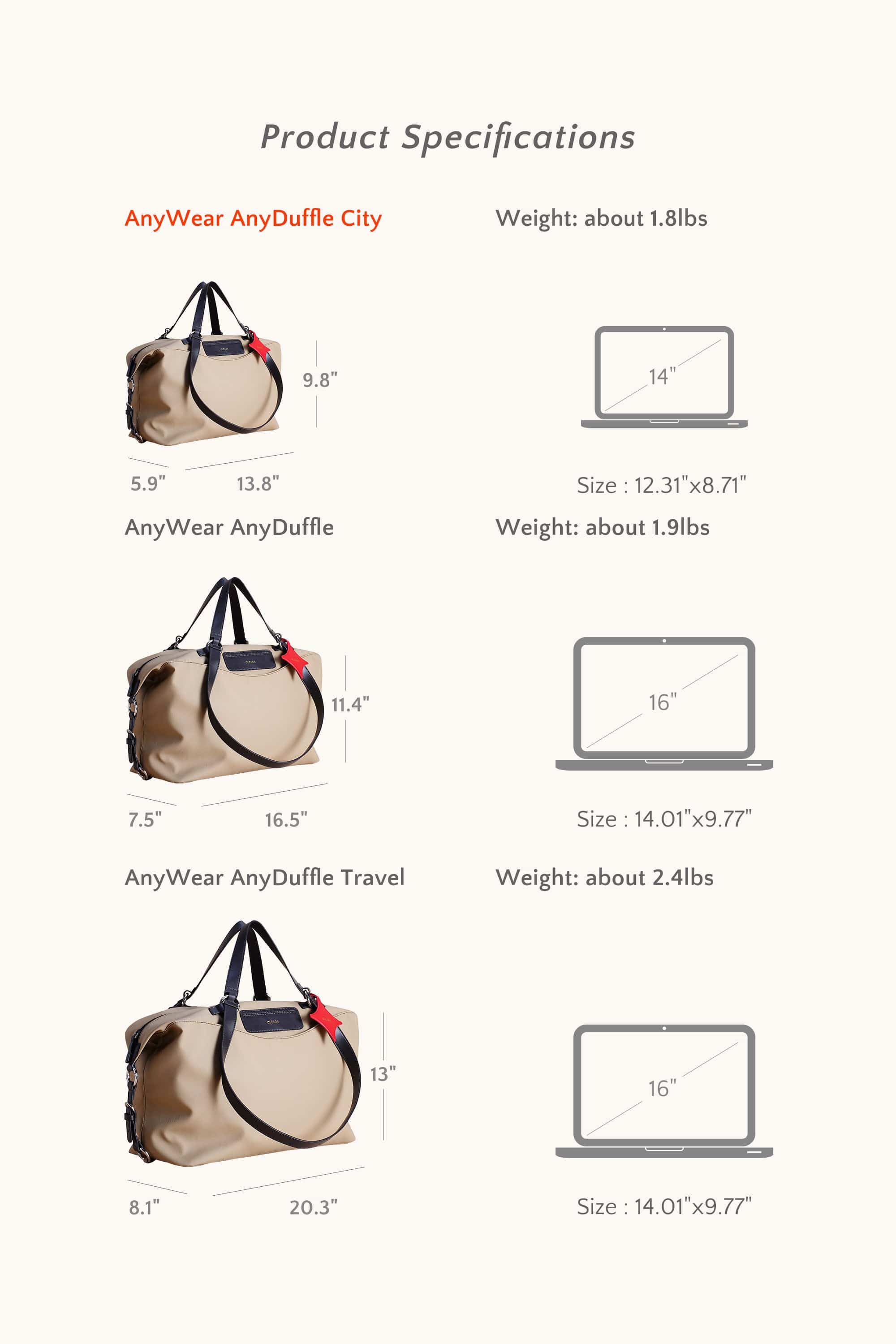 OLEADA NYC convertible travel bags > airport tote bags > overnight bags > water-resistant vegan bags > stylish multi-use bags AnyWear AnyDuffle City