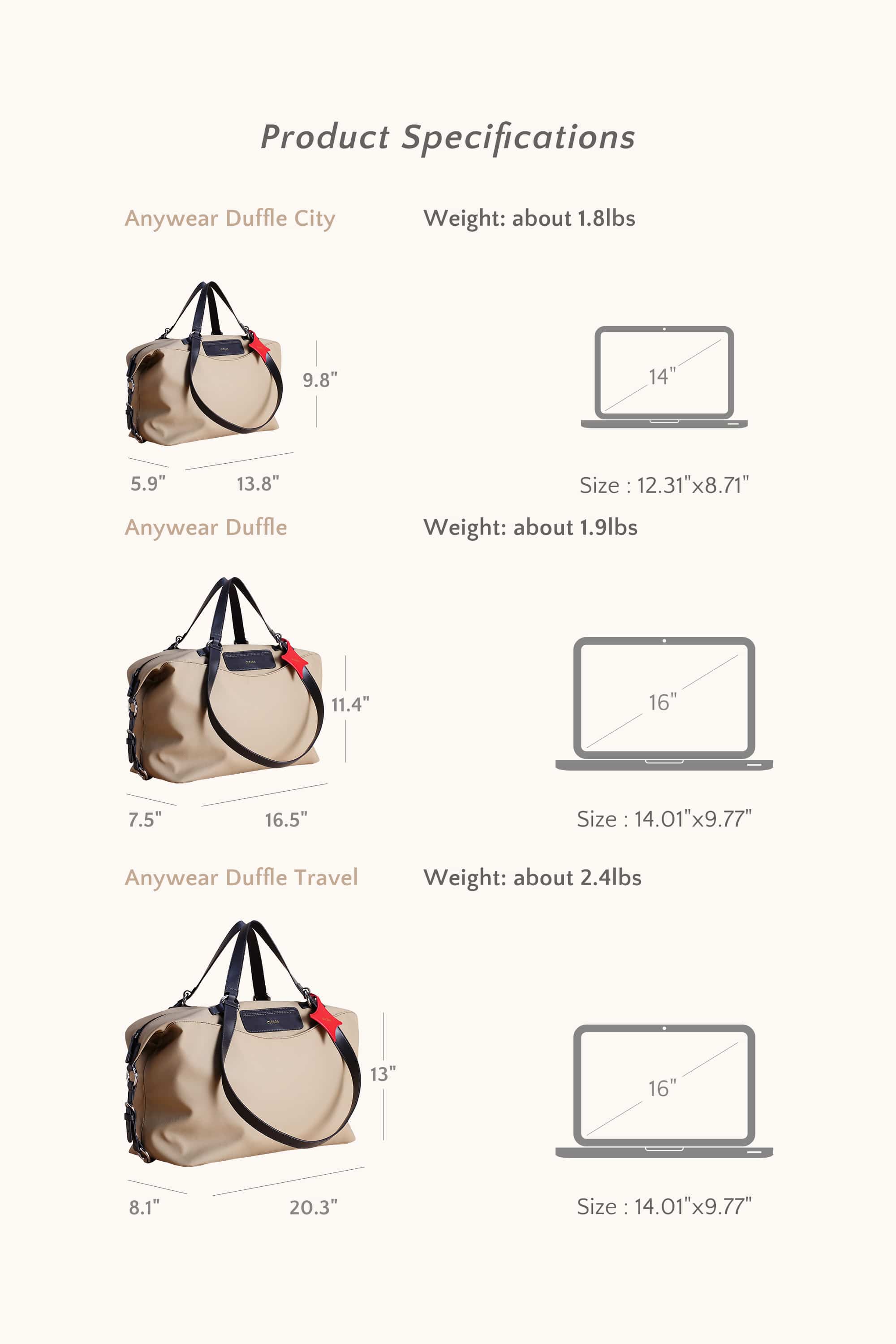 OLEADA NYC convertible travel bags > airport tote bags > overnight bags > water-resistant vegan bags > stylish multi-use bags AnyWear AnyDuffle - Regular Size