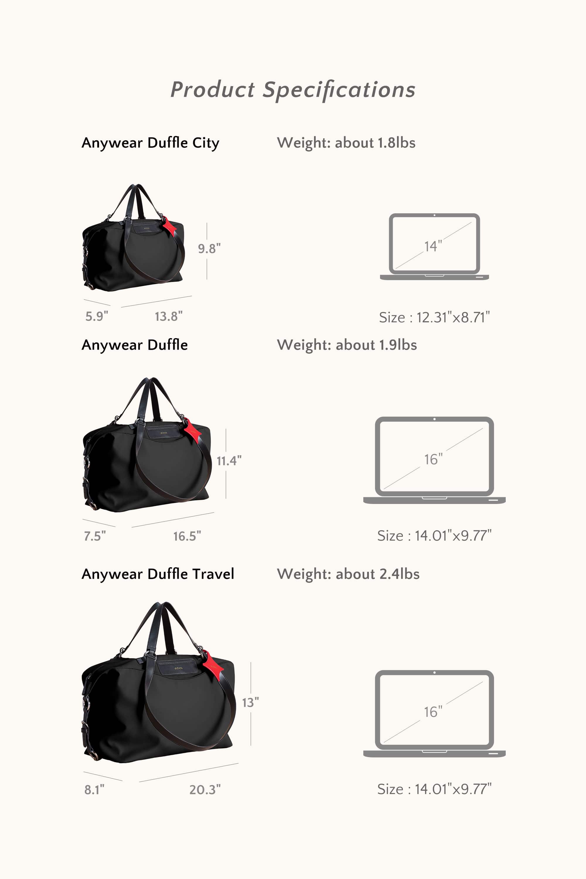 OLEADA NYC convertible travel bags > airport tote bags > overnight bags > water-resistant vegan bags > stylish multi-use bags AnyWear AnyDuffle - Regular Size
