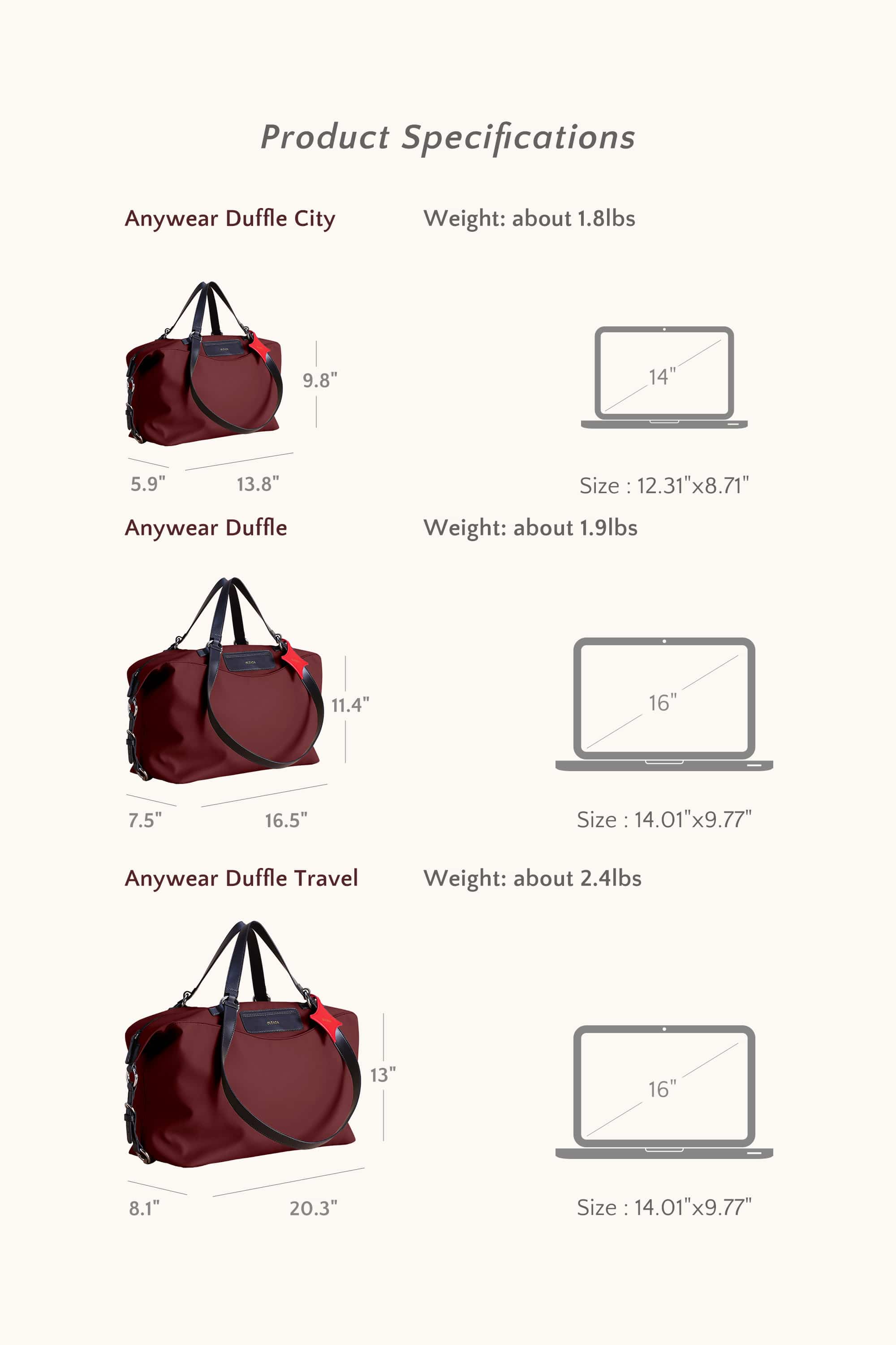 OLEADA NYC convertible travel bags > airport tote bags > overnight bags > water-resistant vegan bags > stylish multi-use bags AnyWear AnyDuffle - Regular Size