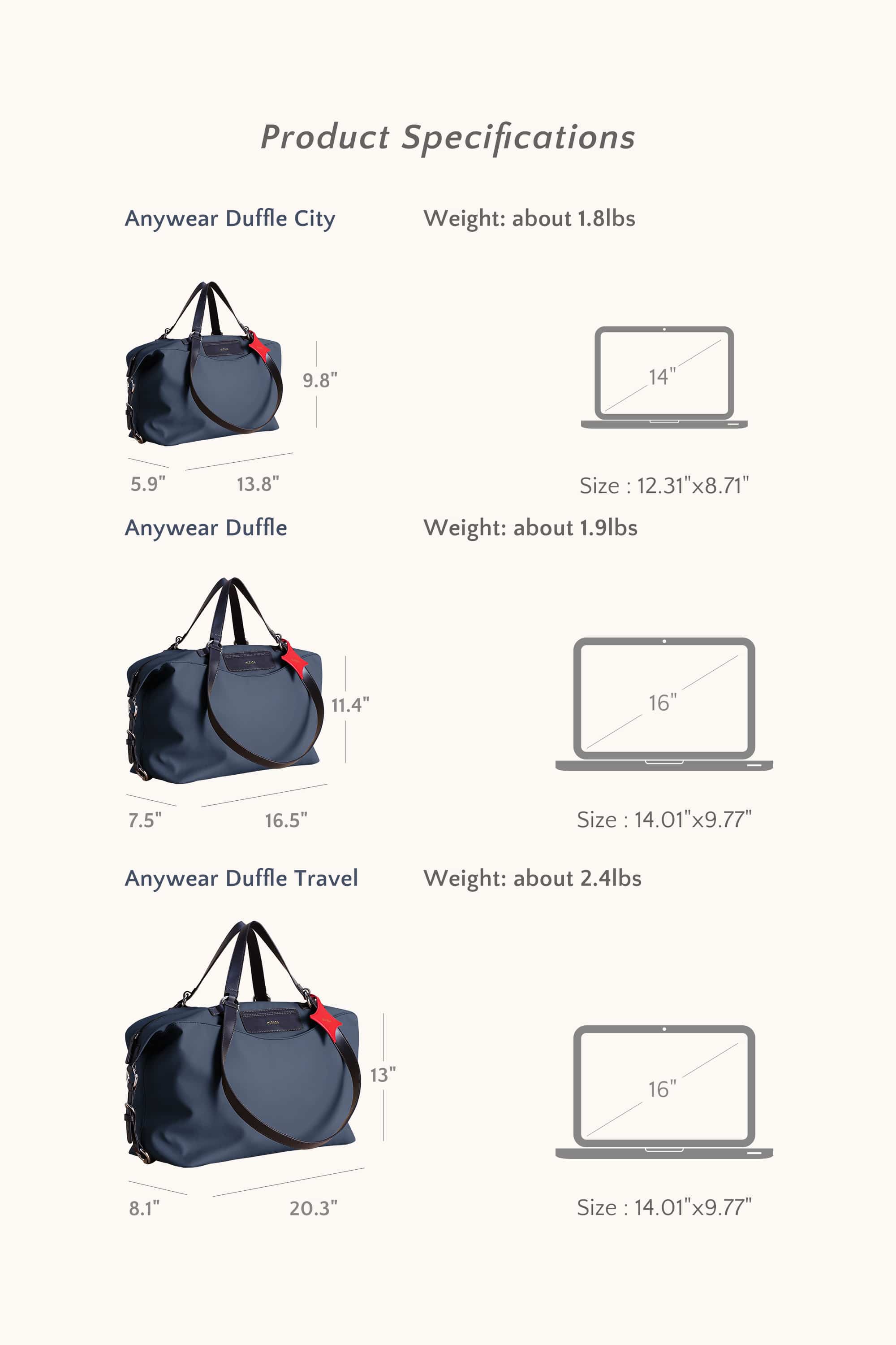 OLEADA NYC convertible travel bags > airport tote bags > overnight bags > water-resistant vegan bags > stylish multi-use bags AnyWear AnyDuffle - Travel Size
